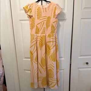Bohme Pink & Mustard Leaf Print Dress M